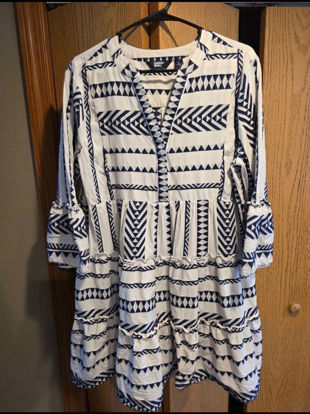 Lands' End Navy and White Geometric Tiered Dress